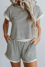 Ribbed stripe tee and short set with cuffed sleeves and elastic waist shorts.