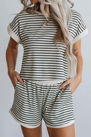 Ribbed stripe tee and short set with cuffed sleeves and elastic waist shorts.