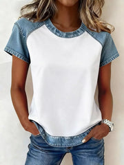 White short sleeve shirt with light blue denim patchwork sleeves and collar