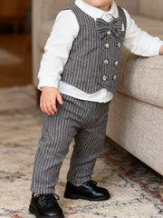 Baby boy's dark gray pinstripe vest and pants set with white shirt and bow tie.