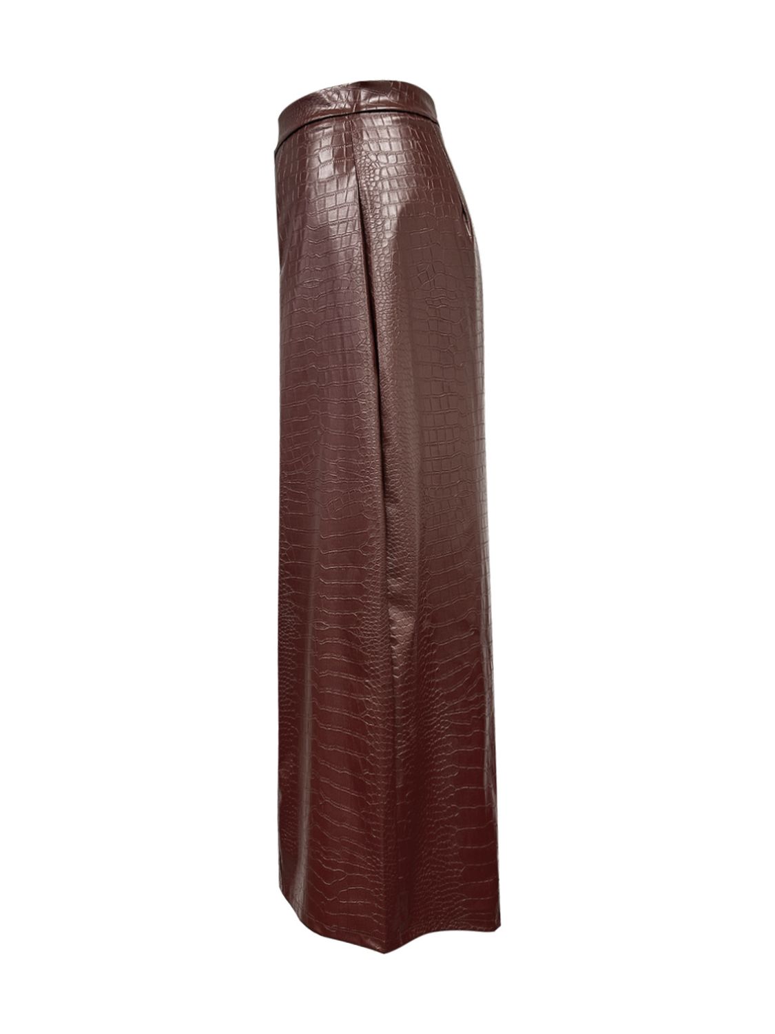 Brown croc-effect A-line midi skirt with a subtle pleat detail.