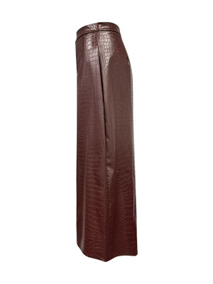 Brown croc-effect A-line midi skirt with a subtle pleat detail.