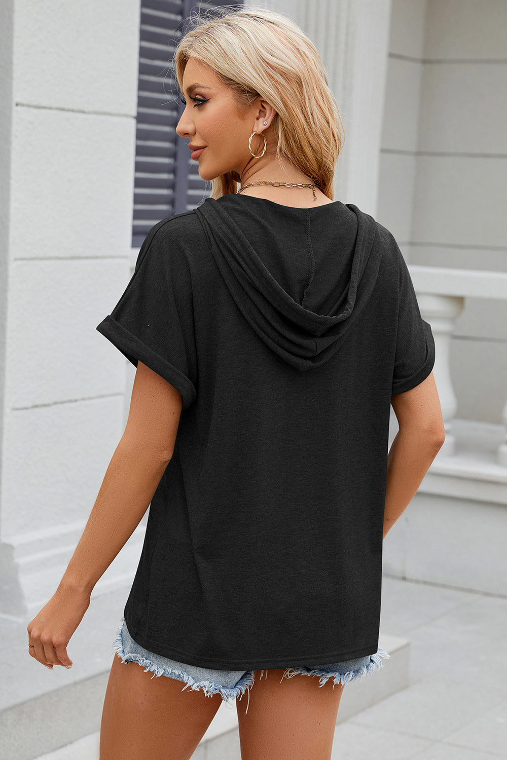 Dark Gray Henley hooded tee with rolled short sleeves and a relaxed fit.