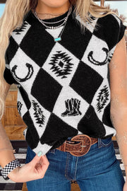 Retro Rhombus Western Print Drop Shoulder Sweater, close-up detail