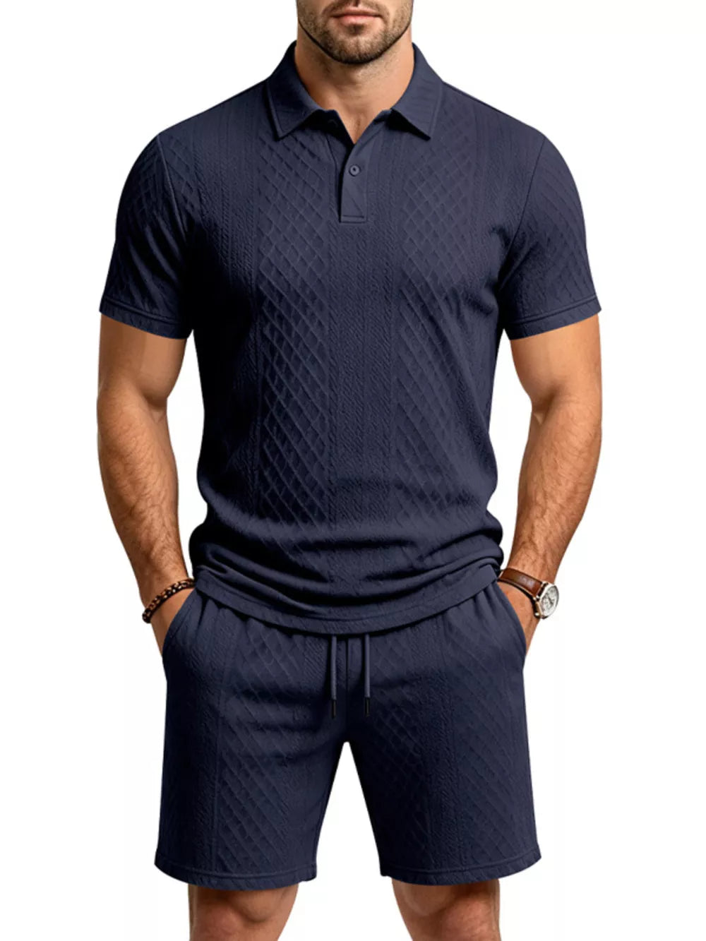 Men's Textured Short Sleeve Polo & Shorts Set in Dark Gray, front view