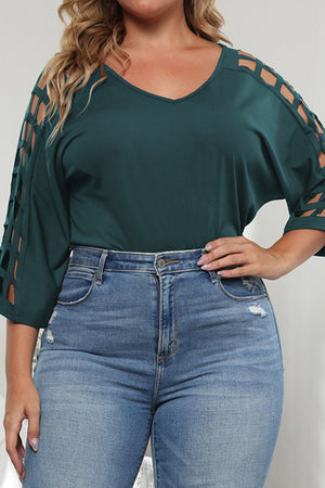 Forest green v-neck blouse with lattice cut-out sleeves