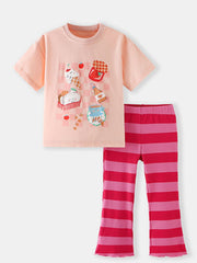Toddler peach graphic tee with ice cream and strawberry print, paired with pink and red striped flare pants.