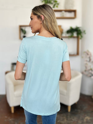 Slit hemline crew neck tee in mint blue bamboo fabric.