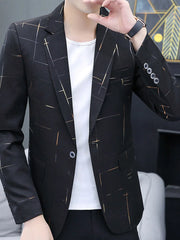 Men's black single-button slim fit blazer with a subtle gold grid pattern.