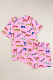 Pink leopard print loungewear set with a short sleeve top and shorts.