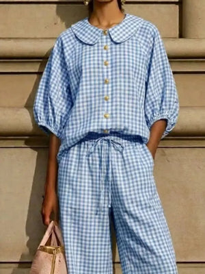 Full Size Plaid Button Up Shirt And Pants Set Plus Size, side view