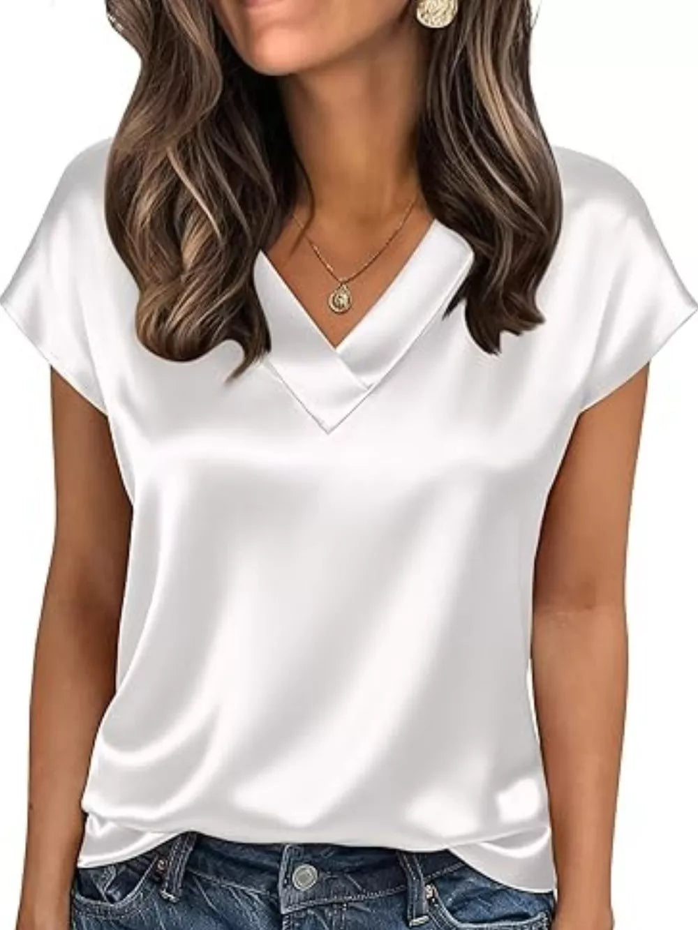 White satin V-neck short sleeve maternity shirt with a relaxed fit.