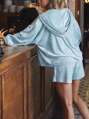 Zip Up Hooded Outerwear And Shorts Set in Grey, model styling view