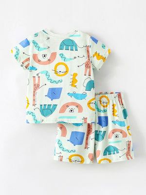 Baby cotton pajama set with colorful cartoon animal print