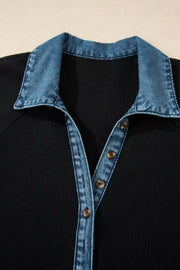 Black waffle knit mini dress with denim collar and button placket.