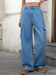 Blue high-waisted cargo jeans with multiple pockets and a relaxed fit.