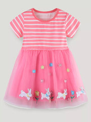 Pink tulle dress with bunny and flower appliqués, striped cotton top.