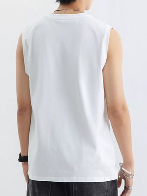Men's white cotton blend round neck tank top, sleeveless basic style.