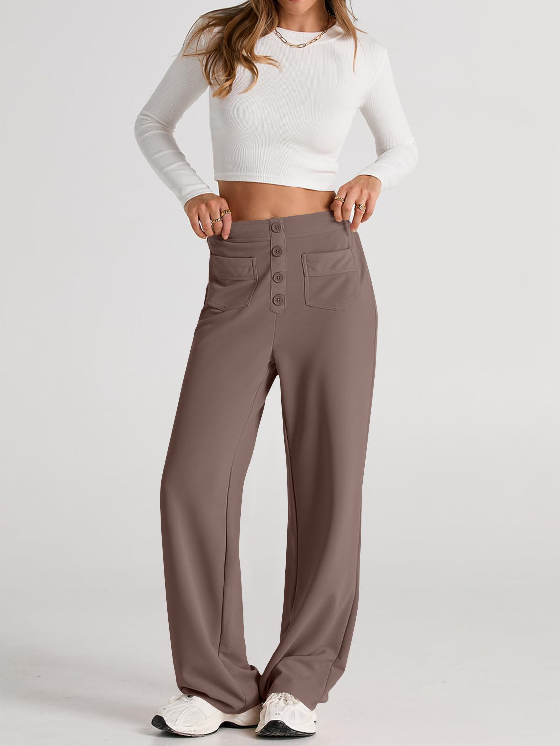 Button-front palazzo trousers in Mocha with four button closure and flap pockets.