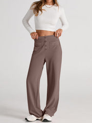 Button-front palazzo trousers in Mocha with four button closure and flap pockets.