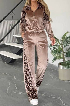 Velvet tracksuit with leopard print panels in camel and black.