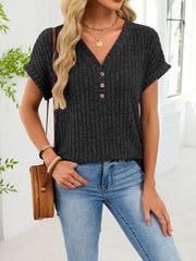 Ribbed knit V-neck t-shirt with short sleeves and three button details in black.
