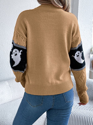 Camel knit crewneck sweater with ghost motif on sleeves, cable knit details