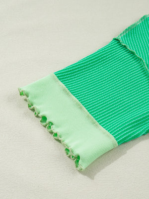 Twist ribbed t-shirt in bright green with contrast stitching and lettuce edge cuff.