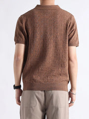 Brown short-sleeve knit polo shirt with classic collar and button detail
