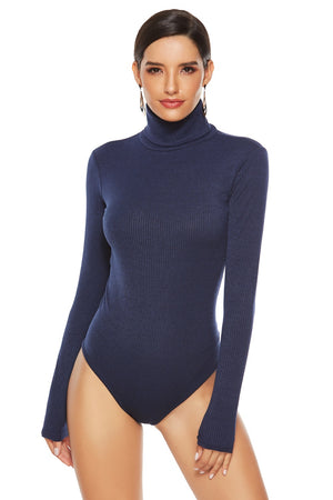 Dark blue ribbed turtleneck bodysuit with long sleeves.