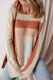 Beige ombre crochet panel sweater with a relaxed fit and open knit details.