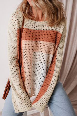 Beige ombre crochet panel sweater with a relaxed fit and open knit details.