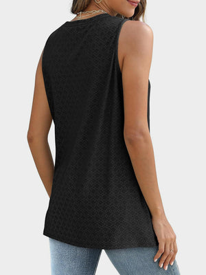 Textured sleeveless black shell top with allover geometric pattern