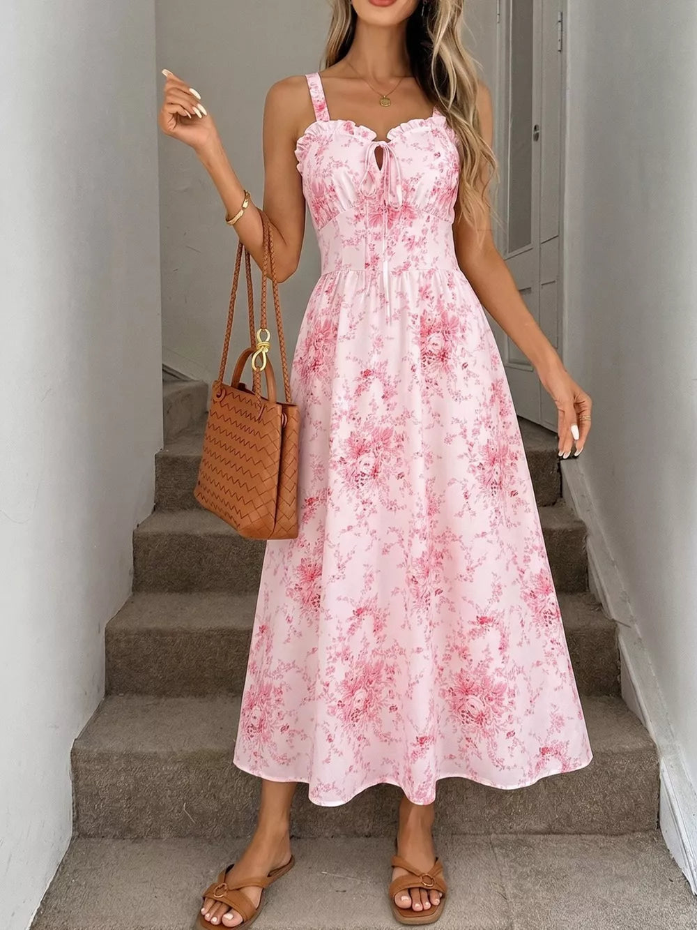 Pink floral cami midi dress with tie front and frill trim