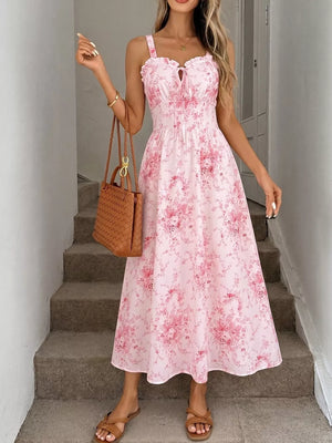 Pink floral cami midi dress with tie front and frill trim