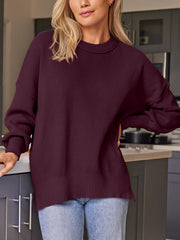 Ribbed-knit relaxed fit sweater in plum with a mock neckline and long sleeves.