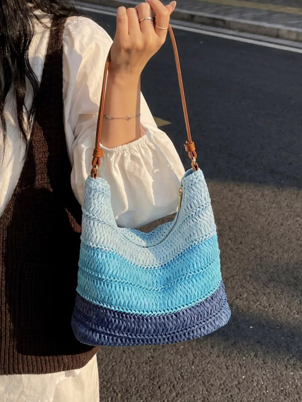Straw Woven Shoulder Bag in Blue, alternate angle