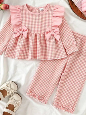 Children's Ruffled Plaid Top And Pants Set in Light Yellow, front view