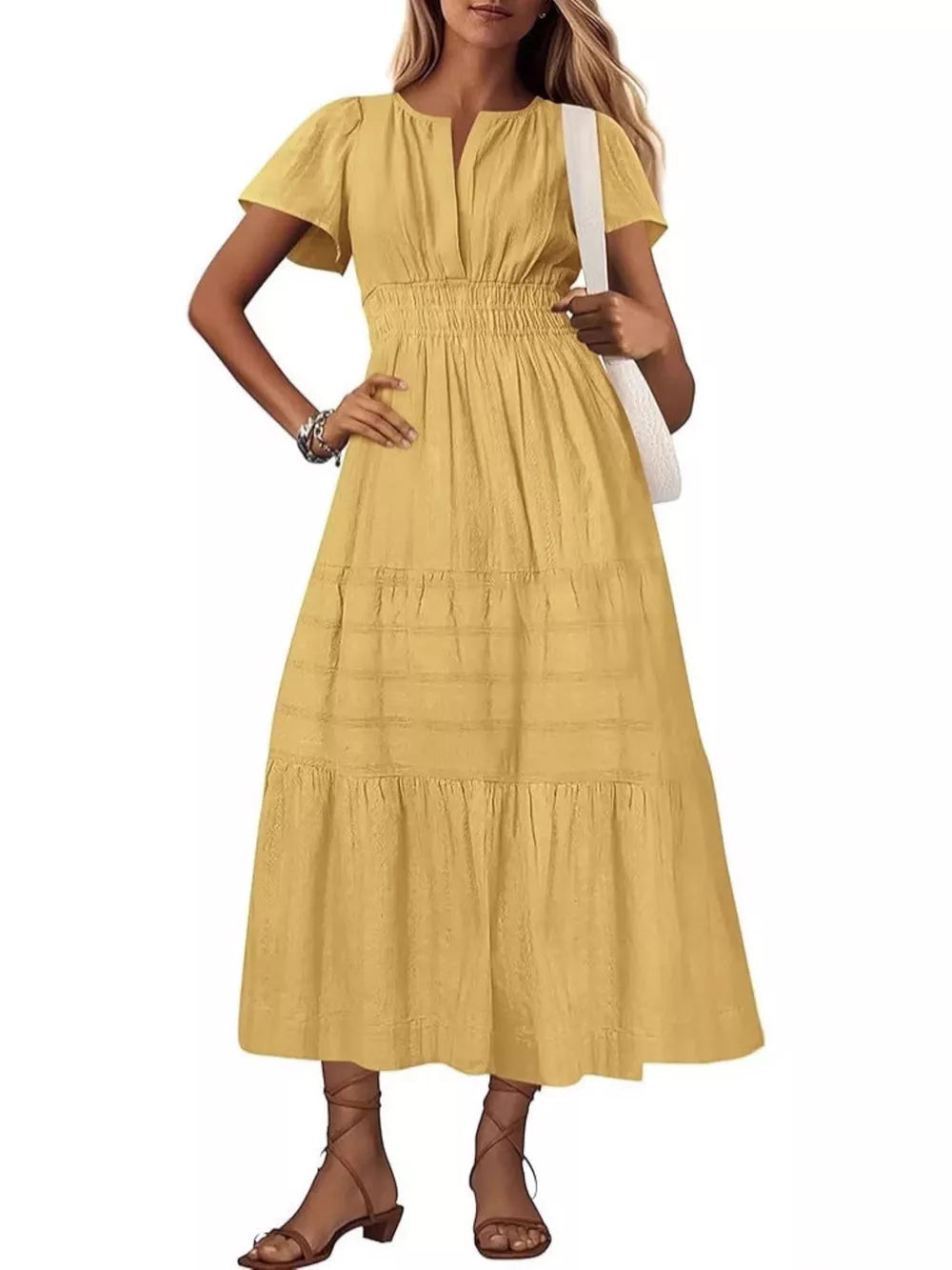 Yellow tiered midi dress with V-neck, flutter sleeves, and smocked waist.