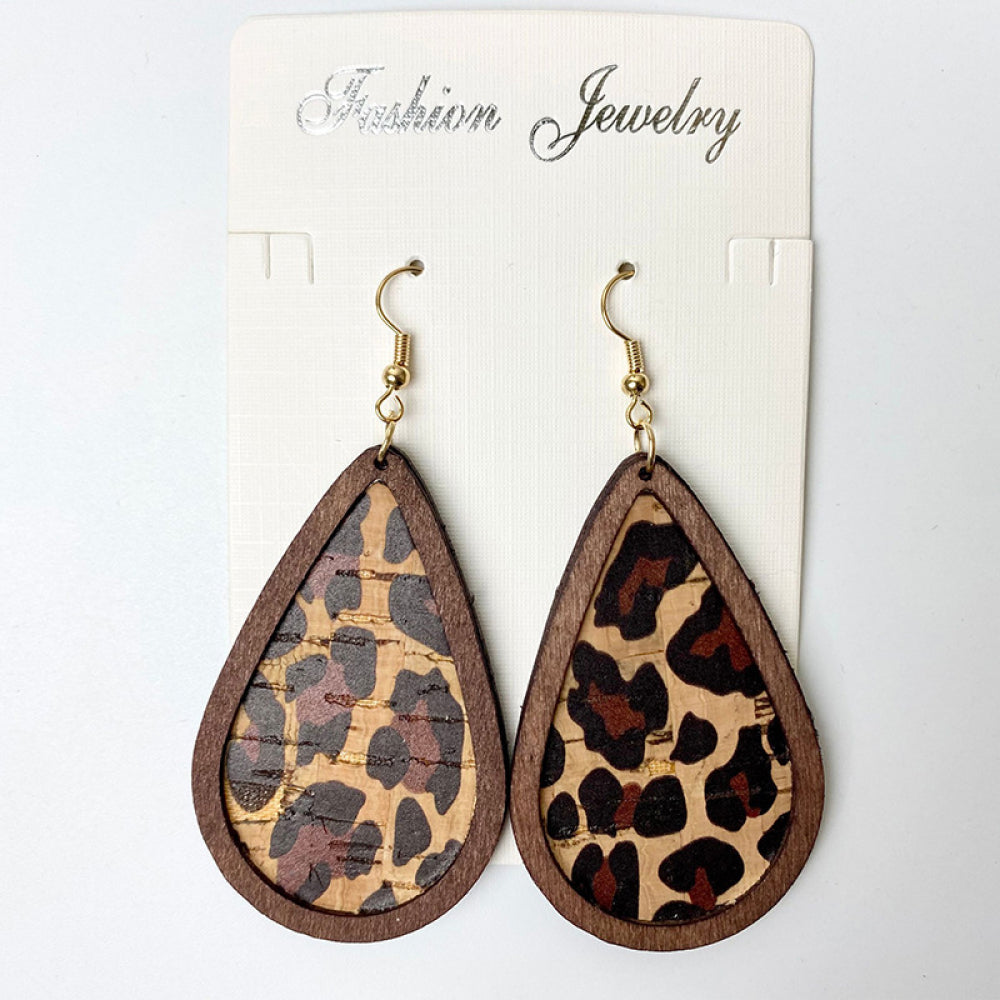 Cork teardrop earrings with leopard print and wooden frame
