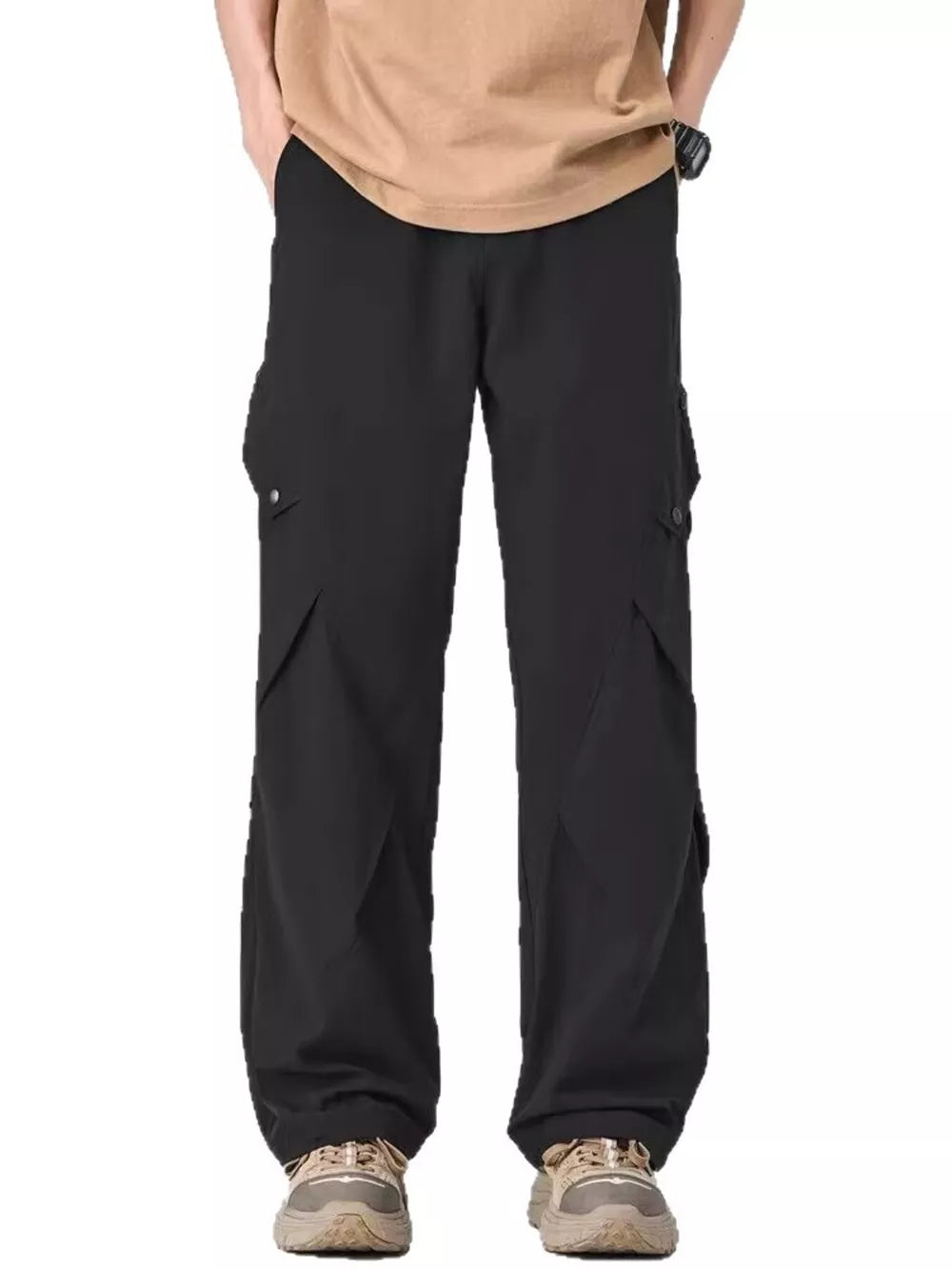 Black relaxed fit cargo sweatpants with flap pockets and button details.