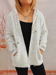 Speckled knit relaxed zip-up hoodie in white with a drawstring hood and pockets.