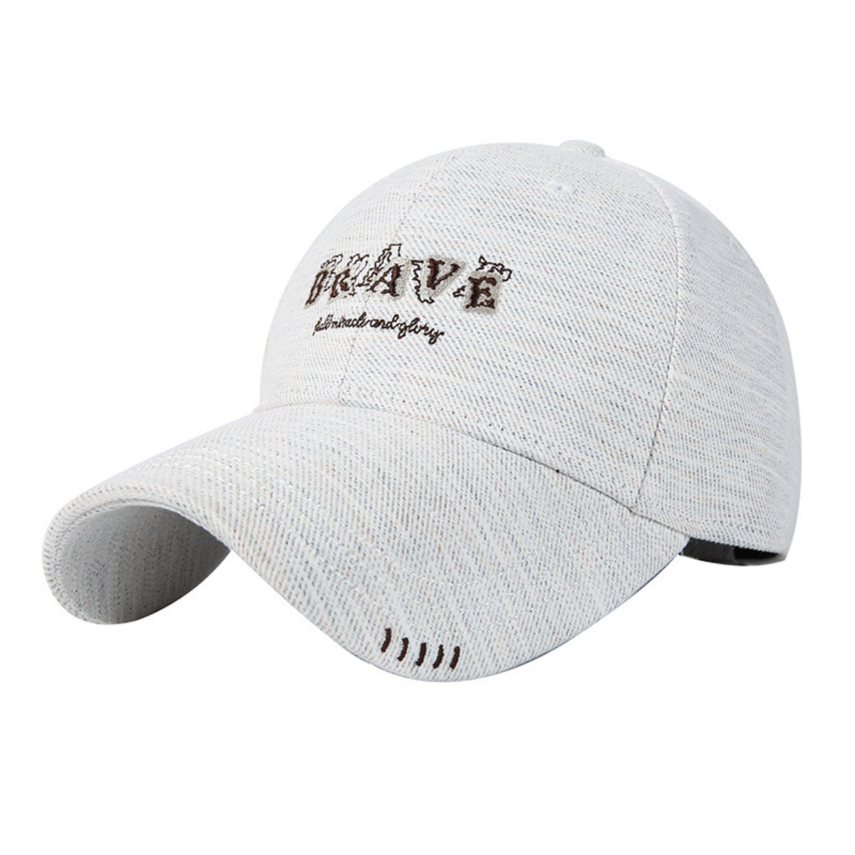 Gray cotton baseball cap with embroidered "BRAVE" text and subtle stitching details.