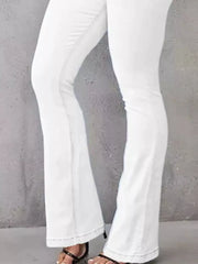 White high-waisted flare jeans with contrast stitching and a flared hem.