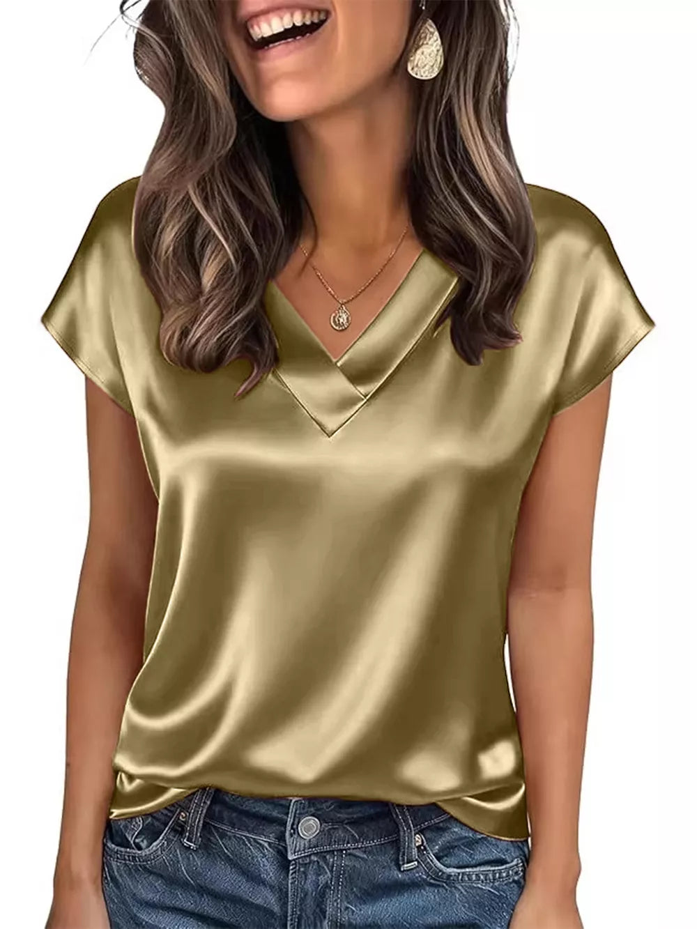 Champagne Color Luxe Satin V-neck Short Sleeve Maternity Shirt