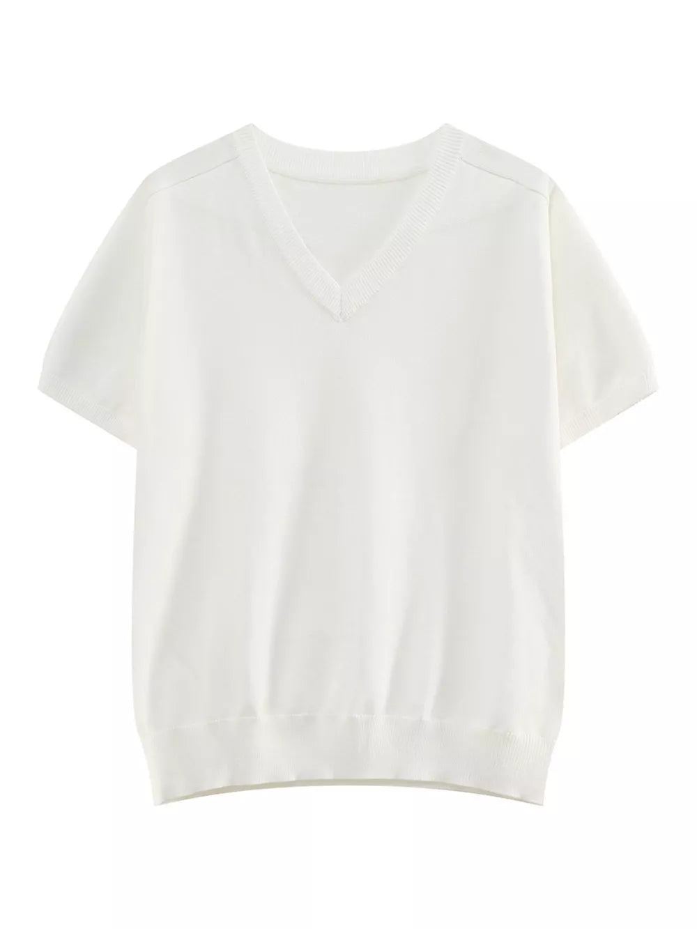 White knit V-neck t-shirt with short sleeves and ribbed hem.