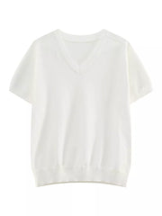 White knit V-neck t-shirt with short sleeves and ribbed hem.