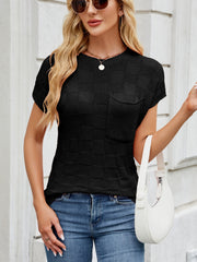 Black textured knit t-shirt with short sleeves and a chest pocket.