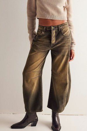 Sculpted denim barrel leg jeans in olive brown with button fly and paneled knees.