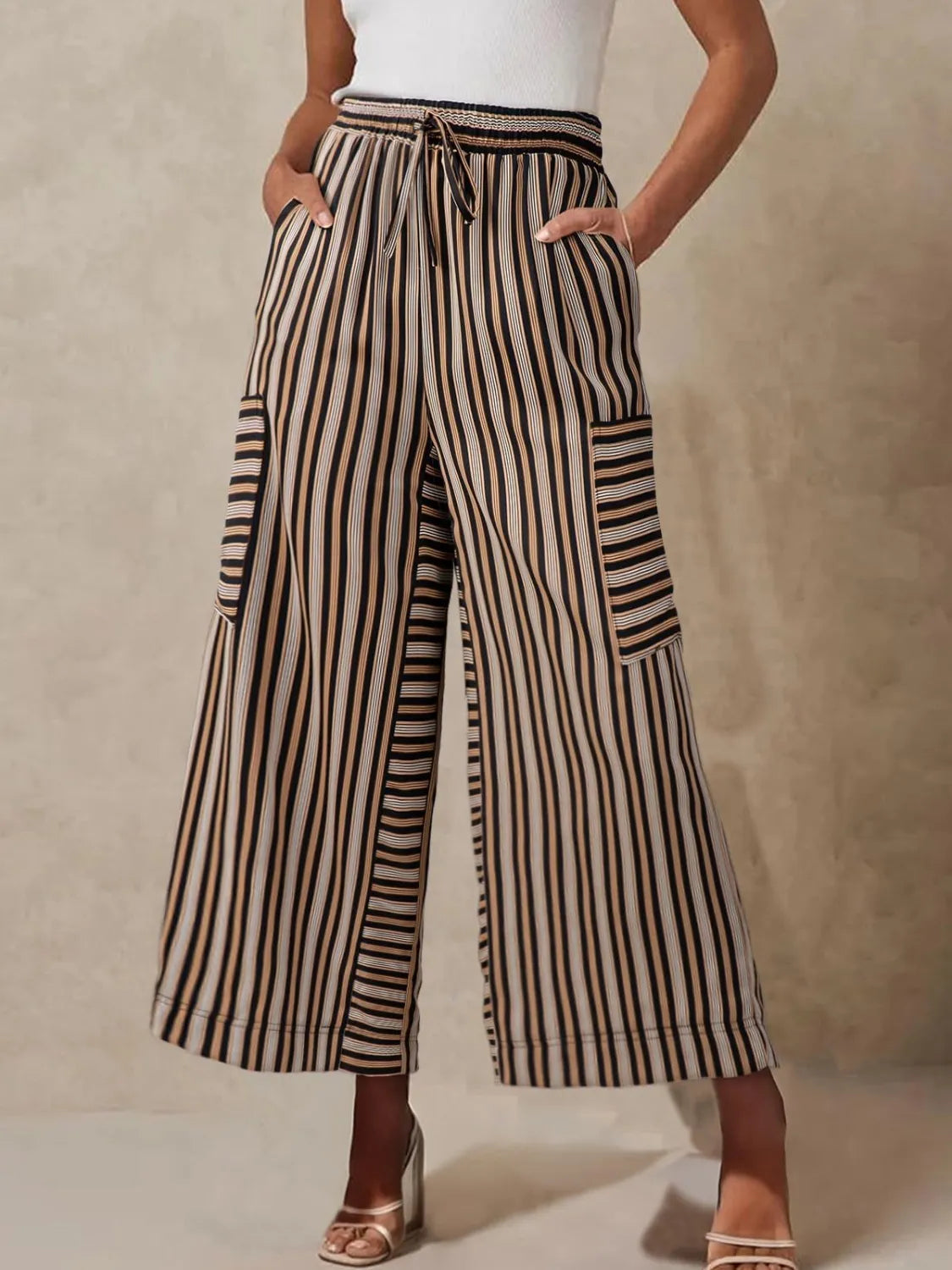 Coastal Stripe Cargo Culottes in black and ochre with drawstring waist and cargo pockets.